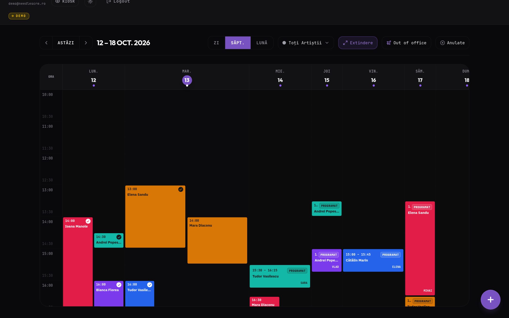 Needles week calendar with colour-coded bookings per artist.