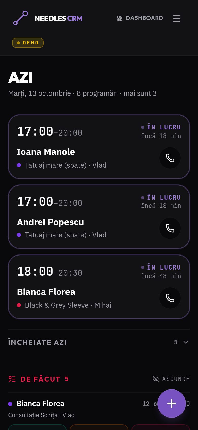 Needles on a phone: today's appointments with live status.
